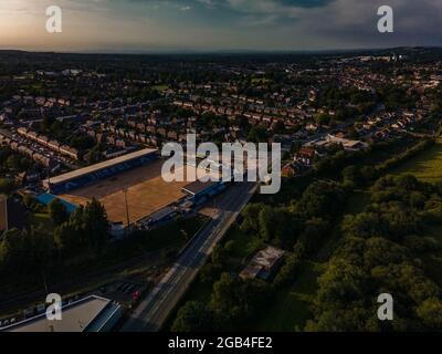 Macclesfield Town AFC il drone aereo della Silk MEN poco prima del Club fu costretto a Fold nel 2020 a causa di Covid 19 Coronavirus Foto Stock