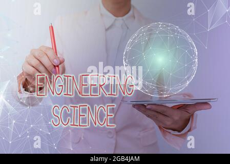 Cartello di testo che mostra Engineering Science. Foto concettuale tratta di base fisica e matematica di ingegneria Donna in Suit Holding Tablet con Foto Stock