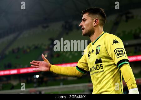 Melbourne, Australia, 1 aprile 2021. : Ryan Scott della Western United si congratula con i compagni di squadra durante la partita di calcio della Hyundai A-League tra il Western United FC e il Melbourne City FC. Credit: Dave Hewison/Speed Media/Alamy Live News Foto Stock