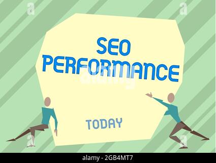 Segno di scrittura a mano Seo Perforanalysisce. Panoramica aziendale aumentare la quantità e la qualità del traffico al sito web due uomini Illustrazione cercando di sollevare Foto Stock