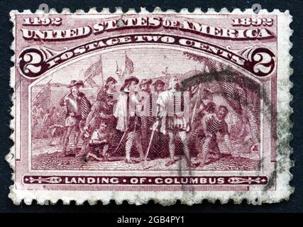 STATI UNITI D'AMERICA - CIRCA 1893: Un francobollo stampato negli Stati Uniti mostra Landing of Columbus, Discovery of America, circa 1893 Foto Stock