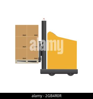 AGV Automated Guided Vehicles carrelli elevatori trasportano pallet di merci su sfondo bianco. Disegno vettoriale e di illustrazione. Illustrazione Vettoriale