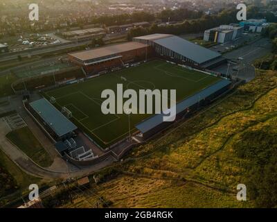 The Flamingo Land Stadium Scarborough Football Club Aerial Drone North Yorkshire Coast Nessuno League Football Foto Stock