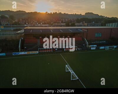 The Flamingo Land Stadium Scarborough Football Club Aerial Drone North Yorkshire Coast Nessuno League Football Foto Stock