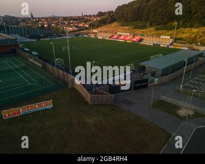 The Flamingo Land Stadium Scarborough Football Club Aerial Drone North Yorkshire Coast Nessuno League Football Foto Stock