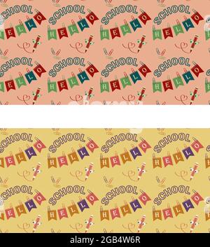 Set di modelli senza giunture ciao scuola con matita tipografica e clip su uno sfondo rosa e giallo Illustrazione Vettoriale