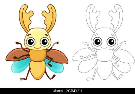 Coloring Insect per i bambini colorare book.Funny stag beetle in uno stile cartoon. Tracciare i punti e colorare l'immagine Illustrazione Vettoriale