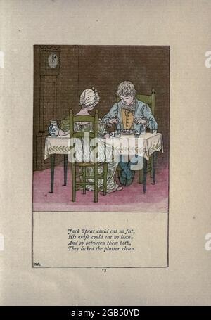 Jack Sprat non poteva mangiare grasso, / sua moglie non poteva mangiare magra ; / e così tra loro entrambi, / hanno lecito il piatto pulito. // dal libro Mother Goose : or, le vecchie filastrocche di Kate Greenaway, incise e stampate da Edmund Evans pubblicato nel 1881 da George Routledge e Sons London nad New York Foto Stock