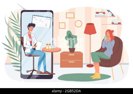 Cartoni animati piatti dei caratteri del paziente e del medico, concetto di illustrazione vettoriale della telemedicina online Illustrazione Vettoriale