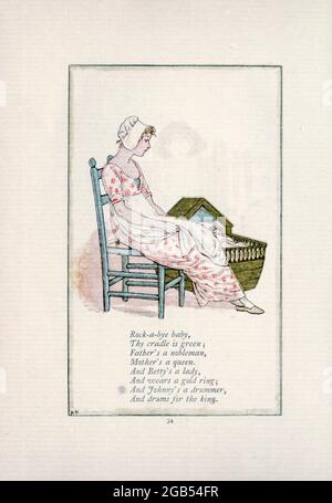Baby rock-a-bye, la tua culla è verde, il padre è un nobile. Madre è una regina. E Betty è una signora, e indossa un anello d'oro. E Johnny è un batterista e batteria per il re. Dal libro Mother Goose : o, le vecchie rime nursery di Kate Greenaway, incise e stampate da Edmund Evans pubblicato nel 1881 da George Routledge e Sons London nad New York Foto Stock