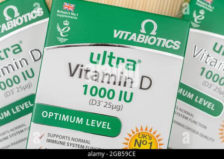 Confezione di Vitabiotici Vitamina D 3 compresse. Chiamata la Vit Sunshine. D è importante nella dieta e nella mancanza grave di luce solare (blocco?) può causare carenza Foto Stock