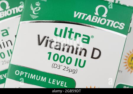 Confezione di Vitabiotici Vitamina D 3 compresse. Chiamata la Vit Sunshine. D è importante nella dieta e nella mancanza grave di luce solare (blocco?) può causare carenza Foto Stock