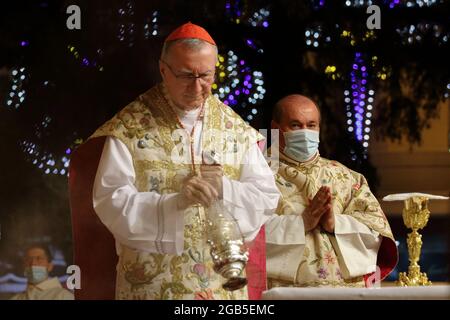 Pagani, Italia. 1 agosto 2021: Il Segretario di Stato Vaticano, il Cardinale Pietro Parolin, ha visitato la tomba di Sant'Alfonso Maria dei Liguori, Dottore della Chiesa, i cui resti sono conservati nell'omonima Basilica pontificia. Credit: Pacific Press Media Production Corp./Alamy Live News Foto Stock