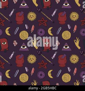 Motivo senza cuciture con linea doodle disegnata a mano corpi celesti e oggetti magici. Tessuto di ripetizione mistico spirituale. Illustrazione Vettoriale