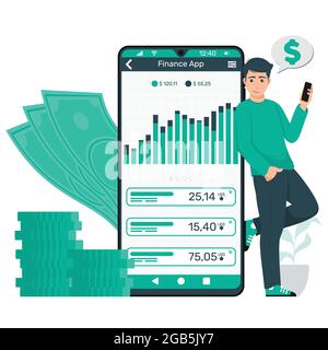 Vector design giovane uomo con mobile watching finance App, finanza mobile applicazione che mostra un grafico di profitto in dollari Illustrazione Vettoriale