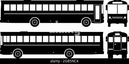 Silhouette dell'autobus su sfondo bianco. Le icone del veicolo consentono di impostare la vista laterale, anteriore e posteriore Illustrazione Vettoriale