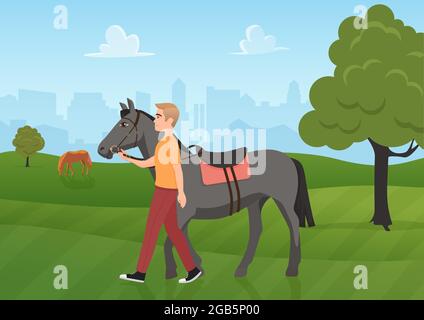 Uomo con cavallo in estate verde paesaggio illustrazione vettoriale. Cartoon giovane fantino personaggio Walking con cavallo animale domestico su prato campo verde, estate equitazione sfondo Illustrazione Vettoriale