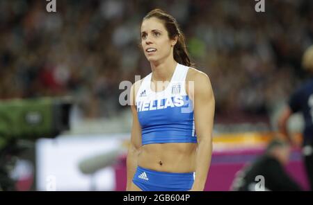 Katerina Stefanidi (Grece) presso le donne del Pole Vault finale della IAAF Campionati del Mondo di atletica leggera del 6 agosto, 201st presso lo Stadio Olimpico di Londra, Gran Bretagna Foto Stock