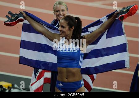 Katerina Stefanidi (Grece) presso le donne del Pole Vault finale della IAAF Campionati del Mondo di atletica leggera del 6 agosto, 201st presso lo Stadio Olimpico di Londra, Gran Bretagna Foto Stock