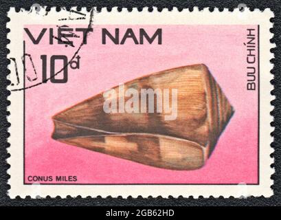 Francobollo stampato in Vietnam mostra un cono soldato (Conus Miles), serie 'inferno', circa 1989 Foto Stock