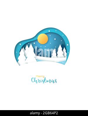 Buon biglietto d'auguri di Natale. Stile arte della carta. Inverno foresta innevata. Notte di Natale. Illustrazione Vettoriale