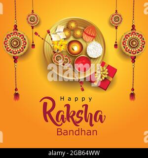 Happy Raksha Bandhan con elegante illustrazione vettoriale in uno sfondo creativo. Festival religioso indiano. Colorato Rakhi Design. Illustrazione Vettoriale