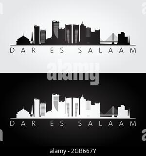 Profilo dello skyline di Dar es Salaam e dei punti di riferimento, design in bianco e nero, illustrazione vettoriale. Illustrazione Vettoriale
