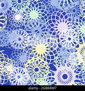 Modello con fiocchi di neve astratti sotto forma di forme decorative, illustrazione a mano in tonalità delicate sullo sfondo blu Foto Stock