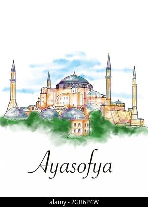 L'Hagia Sophia - Museo Ayasofya in Turchia illustrazione e testo acquerello Foto Stock