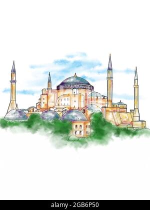 L'Hagia Sophia - Museo Ayasofya in Turchia illustrazione e testo acquerello Foto Stock