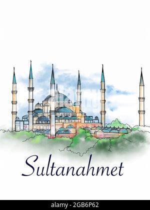 Moschea Blu Sultanahmet camii Turchia Istanbul illustrazione acquerello Foto Stock