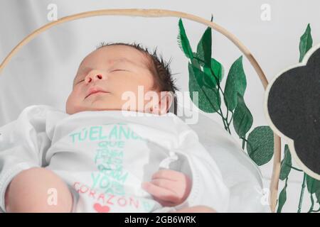 Bel neonato (4 giorni), dormire in cesto di fibra di bambù e circondato da foglie verdi. Primo piano vista dall'alto, concetto medico sano Foto Stock