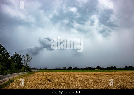 la pioggia cade in strisce da una nuvola in campagna, campo in primo piano, tempo Foto Stock