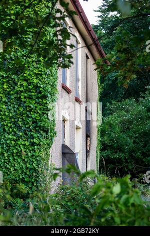 Camborne, Cornovaglia, Regno Unito, 2 agosto 2021, Vigili del fuoco assistere ad un fuoco grande della casa di fattoria a Camborne, Cornovaglia in ritardo questo pomeriggio. Quattro pompe hanno partecipato e il fuoco è ancora in fase di spegnimento.Credit: Keith Larby/Alamy Live News Foto Stock