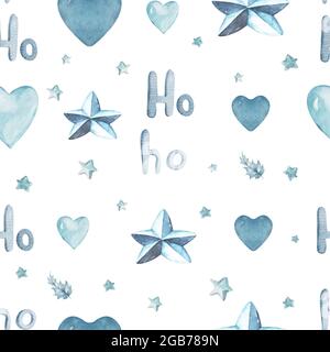 Pattern con cuori colorati blu acquerello. Illustrazione del modello di disegno di natale disegnata a mano. Santa Say ho ho Foto Stock