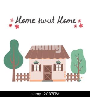 Scritta dolce casa con cute casa disegnata a mano illustrazione vettoriale trendy con case colorate. Illustrazione Vettoriale