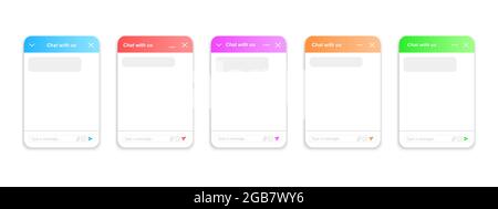 Chatbot window design collection. Set di modelli di chat sulla vita. Moduli online per il servizio clienti. Layout bot di Virtual Assistant. Esempi di app Mobile Messenger. Illustrazione vettoriale. Illustrazione Vettoriale