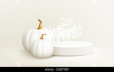 zucca 3d in oro bianco realistico con podio bianco isolato su sfondo bianco. Sfondo di ringraziamento con la fase del prodotto, zucche e. Illustrazione Vettoriale