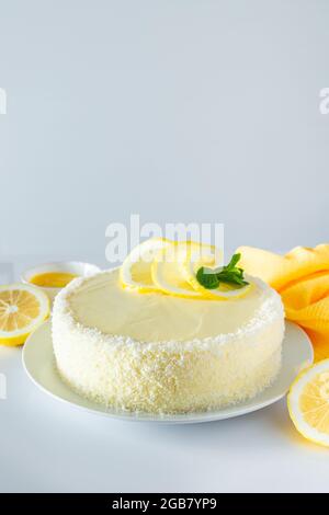 Dessert al biscotto di limone decorato con fiocchi di cocco. Dolce delicato con formaggio bianco panna. Foto Stock