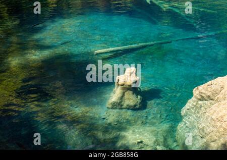 Blausee, Svizzera - 1 giugno 2021: Statua subacquea nel lago Blausee - Lago Blu situato nella valle del Kander sopra Kandergrund nel Jungfrau Foto Stock