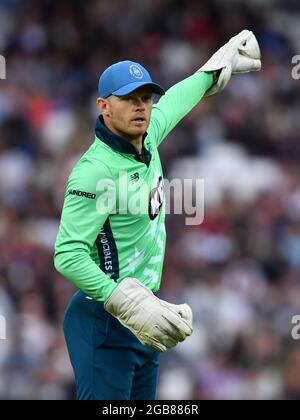 The Kia Oval, Londra, Regno Unito. 2 agosto 2021. Ovale Invincibles 'Sam Billings durante la partita dei cento uomini tra invincibili ovale e fuoco gallese: Credit: Ashley Western/Alamy Live News Foto Stock