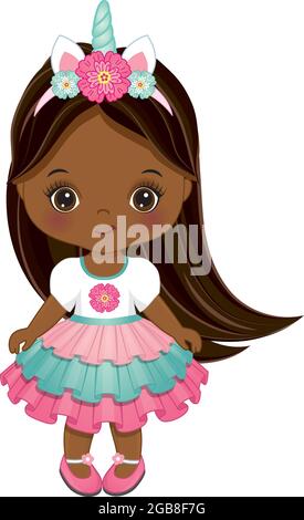 Carino ragazza unicorno Africana americana Baby che indossa abito con volant e corno con fiori. Ragazza del bambino unicorno del vettore Illustrazione Vettoriale