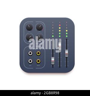 Mixer audio, icona dell'applicazione Music Sound Record, pulsanti di controllo audio Vector DJ. Icona dell'applicazione Sound Mixer con cursori del pannello Audio Studio, sintonizzatori di volume Illustrazione Vettoriale