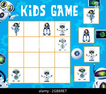 Robot sudoku gioco. Labirinto bambini, indovinello logico o puzzle educativo, rebus per i bambini con robot carino, droni alieni con occhi incandescenti e divertente e. Illustrazione Vettoriale