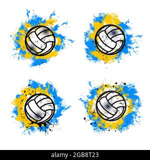 Striscione o sfondo sportivo di pallavolo con palla di gioco, spruzzi di vernice blu e gialla, gocce e sbavature. Campionato di sport di squadra, torneo g Illustrazione Vettoriale