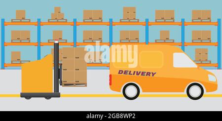 Interno di un moderno magazzino logistico. AGV Automated Guided Vehicles carrelli elevatori a forche per il carico di merci al carrello di consegna. Disegno vettoriale e di illustrazione. Illustrazione Vettoriale