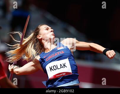 Tokyo, Giappone. 3 agosto 2021. Sara Kolak della Croazia compete durante la qualificazione femminile del lancio di Javelin ai Giochi Olimpici di Tokyo 2020 a Tokyo, Giappone, 3 agosto 2021. Credit: Wang Lili/Xinhua/Alamy Live News Foto Stock