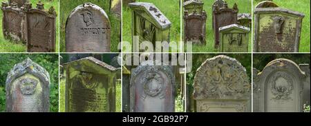 Simboli ebraici sulle lapidi, il più antico cimitero ebraico nel sud di Baden, Schmieheim, Baden-Wuerttemberg, Germania Foto Stock