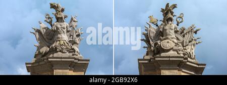 Sculture sullo Statale di fronte al Residenz, Ansbach, Franconia media, Baviera, Germania Foto Stock