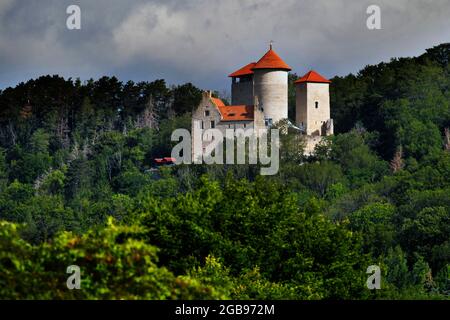 Castello di Normannstein, Spornburg, Werrabergland, Parco Naturale Eichsfeld-Hainich-Werratal, cintura Verde, Sentiero di confine, confine interno tedesco, Treffurt Foto Stock